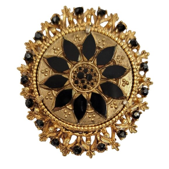 Florenza Vintage Gold Tone Black Glass Rhinestone Victorian Style Brooch Signed